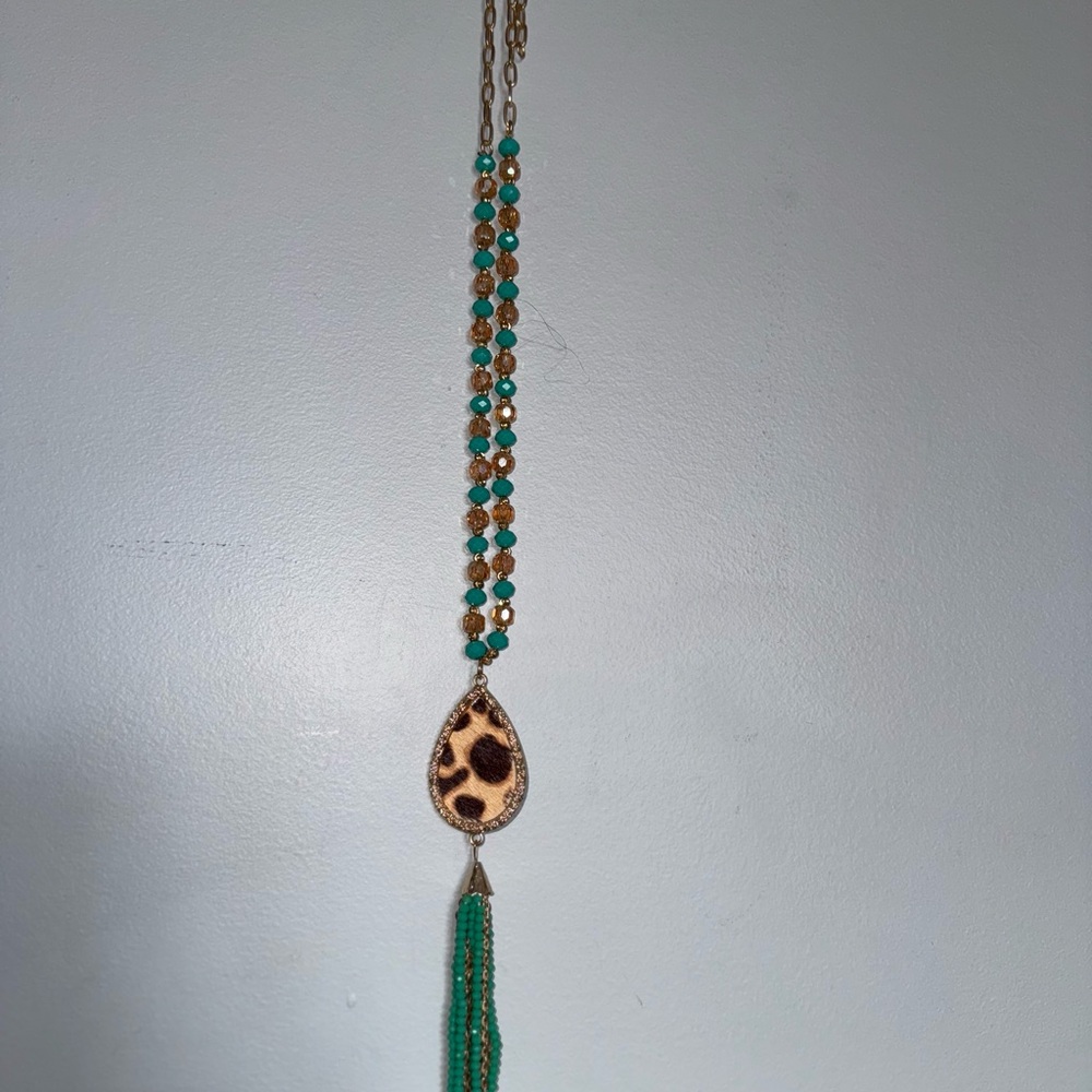 Blue and Brown Beaded Necklace with Pendant and Tassel
